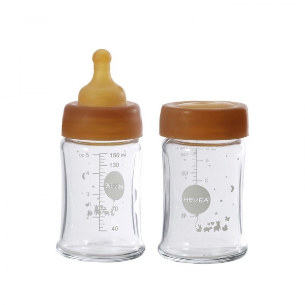 Hevea Babyflschchen aus Glas/ weiter Hals (150 ml) + Trinksauger & Schutzkappe